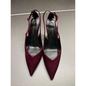Dee Ocleppo Burgundy Satin Pointed Toe‎ Slingback Flared Heel Pumps Womens 6